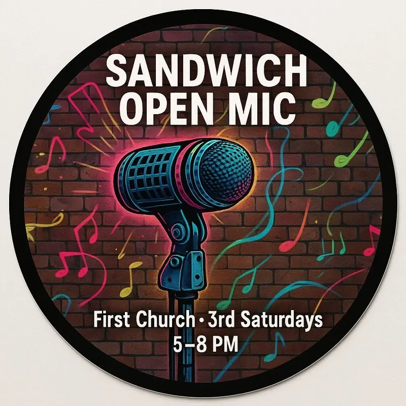Colorful circular Open Mic microphone artwork